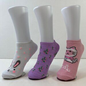 Womens Ankle Socks Set 3 Floral Pattern Bunny Rabbit Cat Print Gray Pink Purple